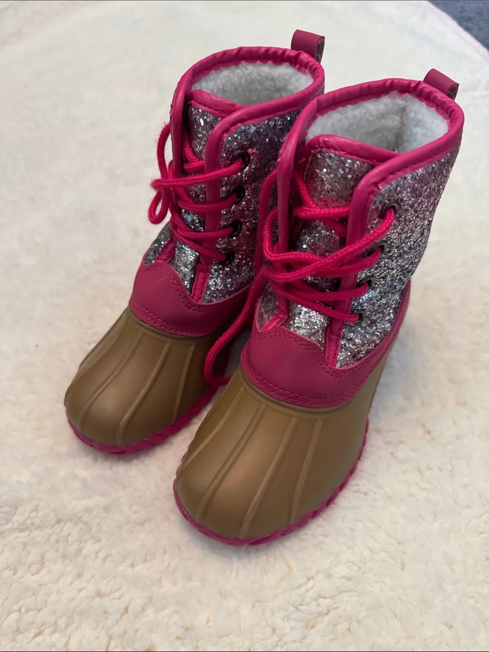 fabkids Pink Glitter Lace-Up Duck Boots with Brown Shell